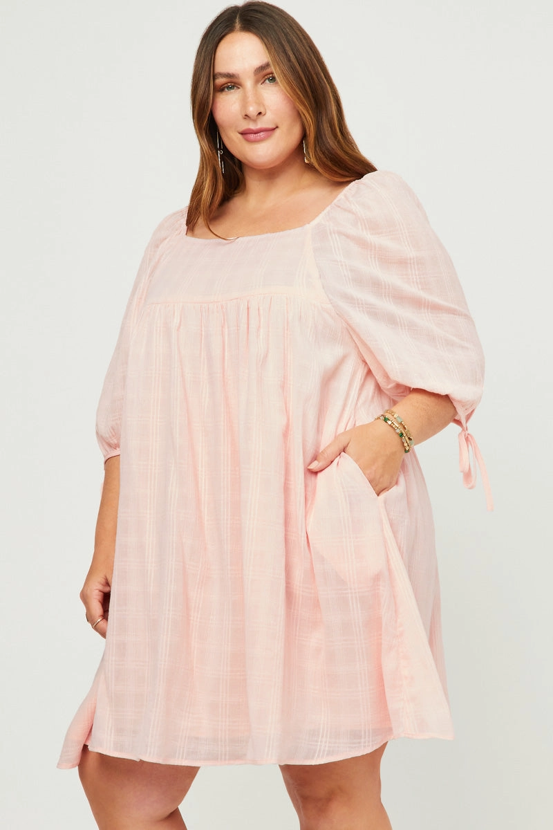 Textured Solid Checkered Tie Sleeve Square Neck Dress Love Blend