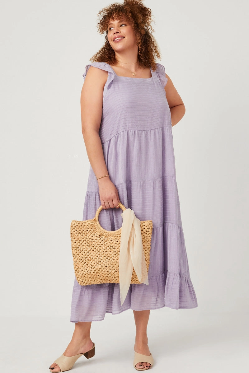 Textured Stripe Ruffle Sleeve Button Detail Tiered Dress Smooth Curve