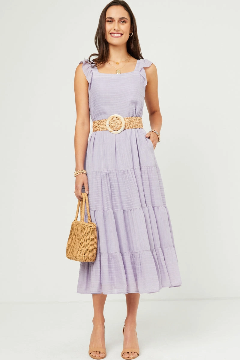 Bow-Detail Wrap style Textured Stripe Ruffle Sleeve Button Detail Tiered Dress