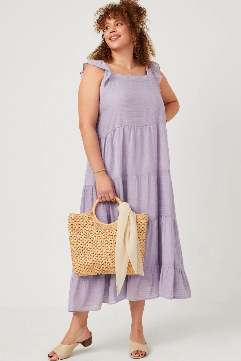 Textured Stripe Ruffle Sleeve Button Detail Tiered Dress Sleek Layer