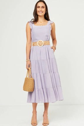 Cool Elegance Statement Detail Textured Stripe Ruffle Sleeve Button Detail Tiered Dress