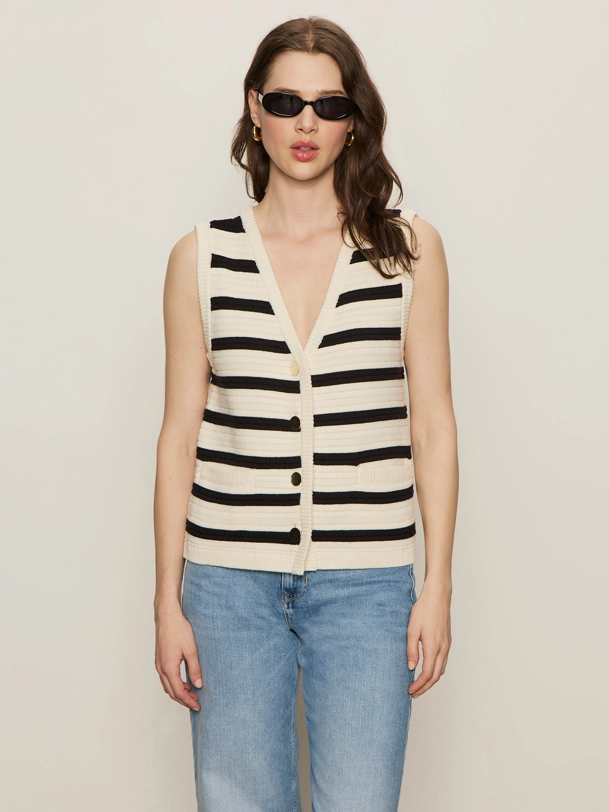 Knee Length Textured Sweater Vest Macrame/ Black Stripe