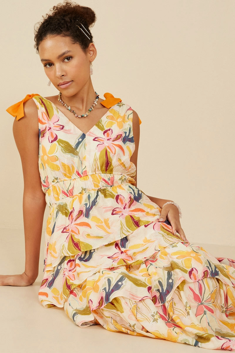 Moisture-wicking Fitted Look Textured Tiered Floral V Neck Dress