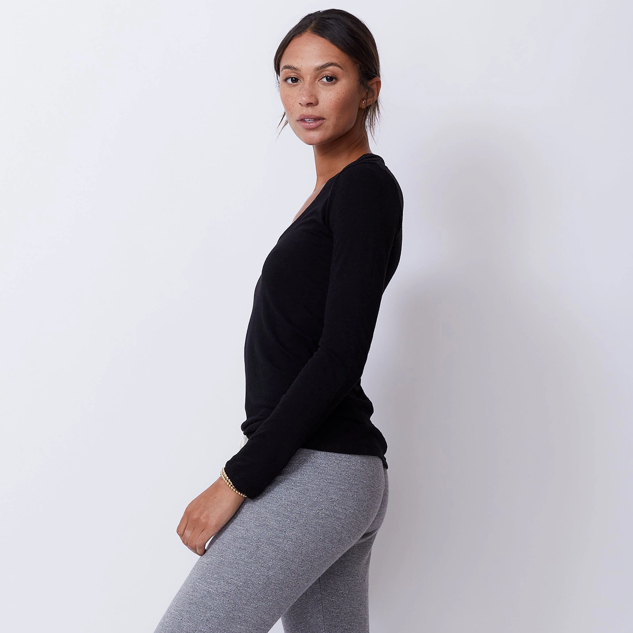 Textured Tri-Blend Fitted Long Sleeve V Neck Tee Perfect Draping