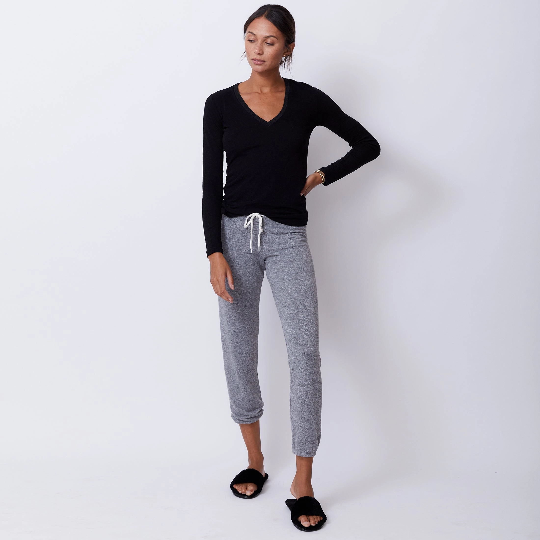 Textured Tri-Blend Fitted Long Sleeve V Neck Tee Perfect Draping