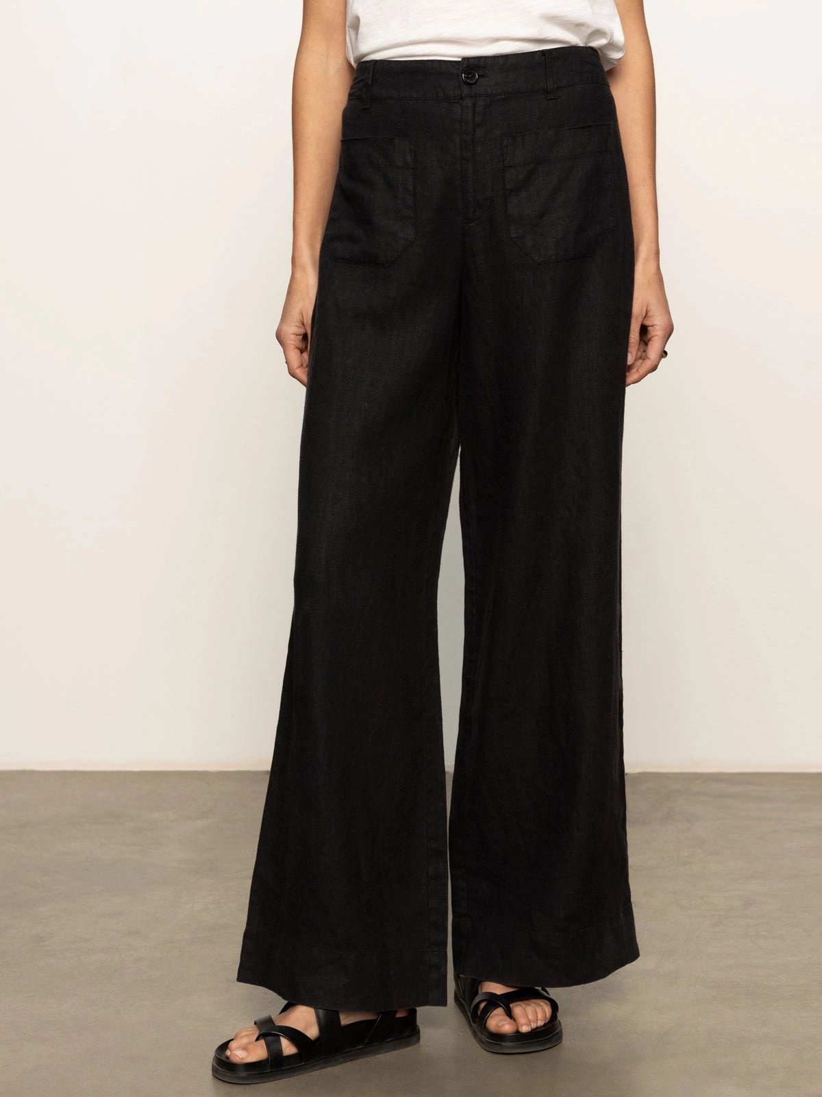 The Linen Marine Wide Leg Semi-High Rise Pant Black Elegant