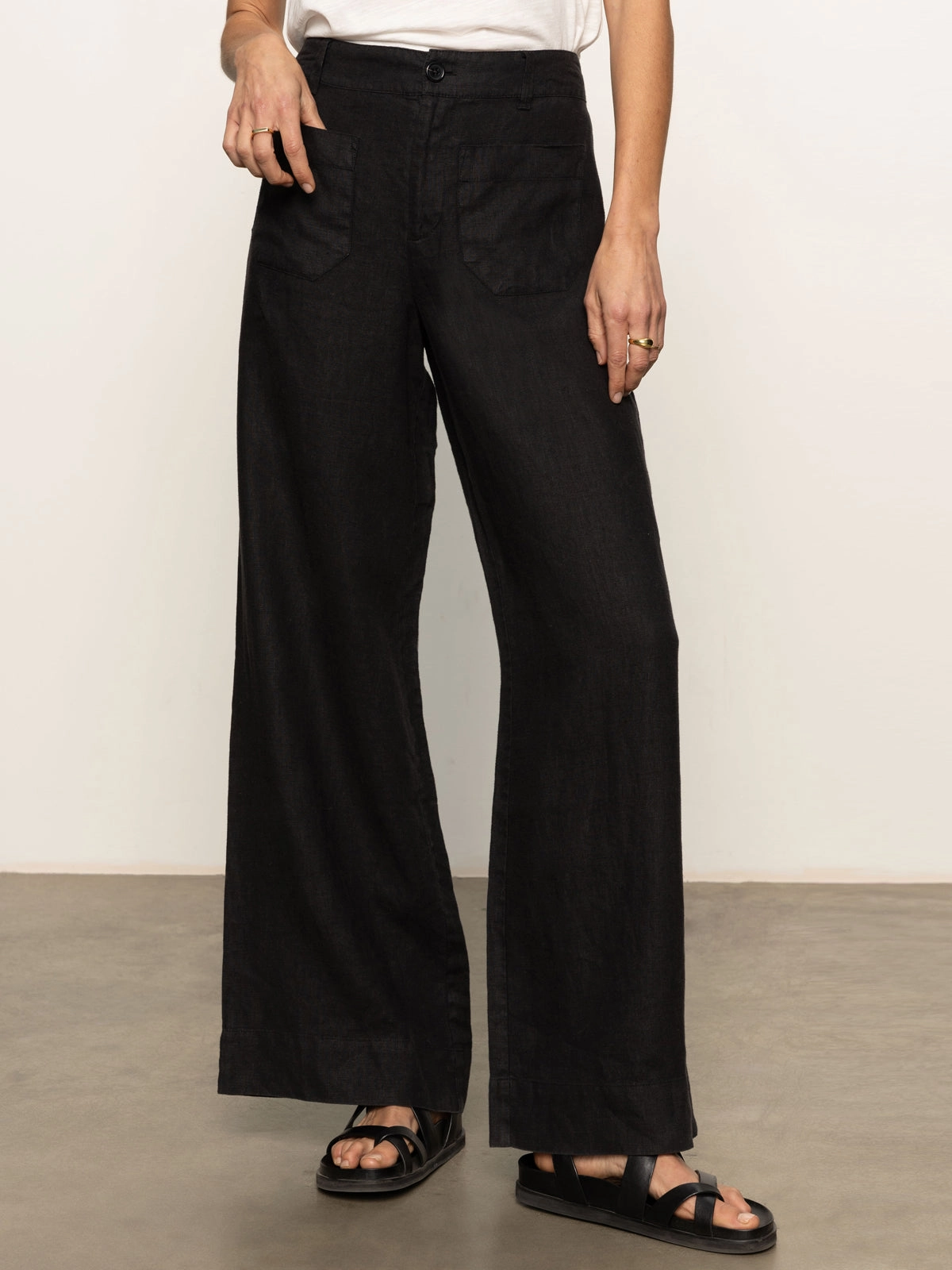 The Linen Marine Wide Leg Semi-High Rise Pant Black Timeless Style