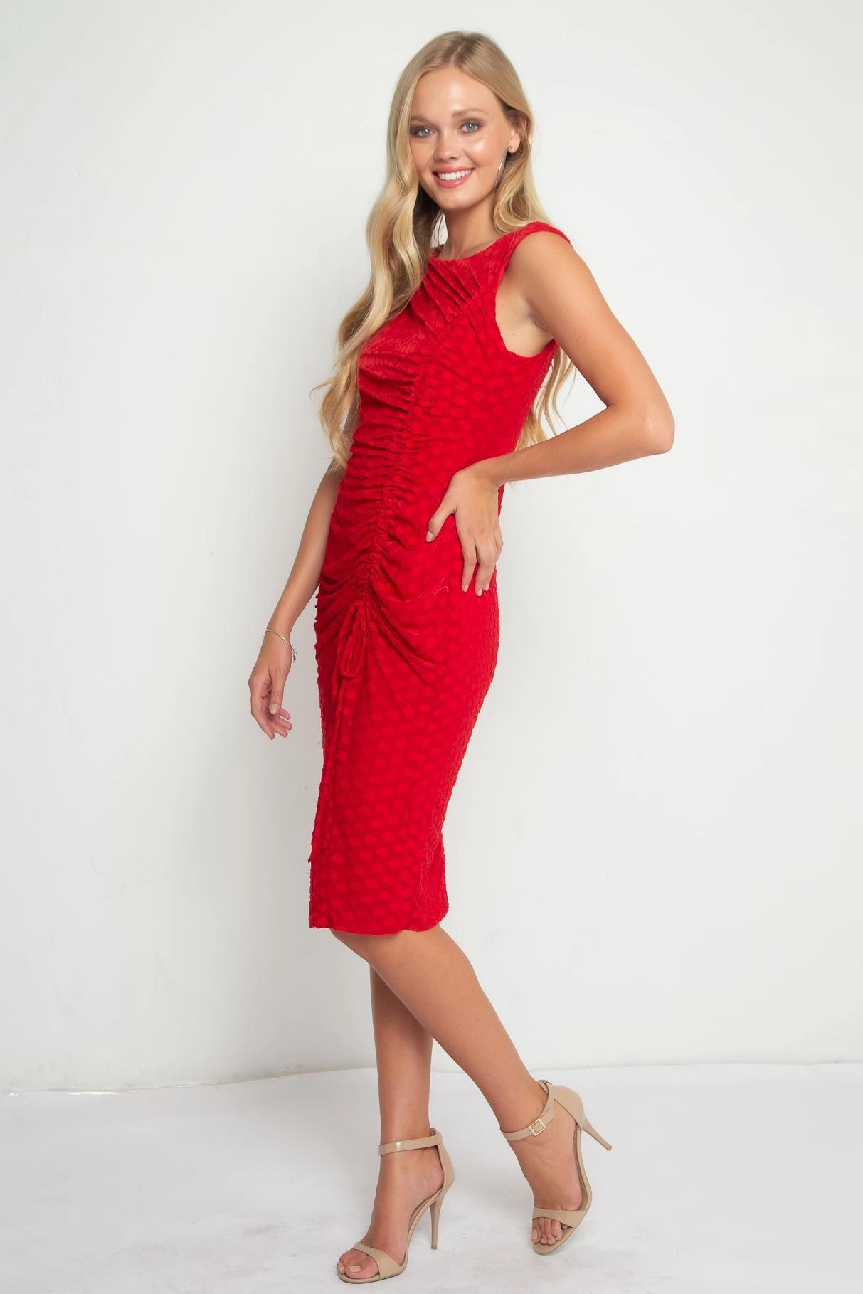 Theater Night Urchin Cinched Midi Dress  Red