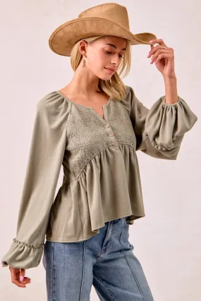 Timeless Appeal IT4501S-01 | EMBOSSED RIB KNIT TOP WITH SMOKING BALLOON SLEEVES