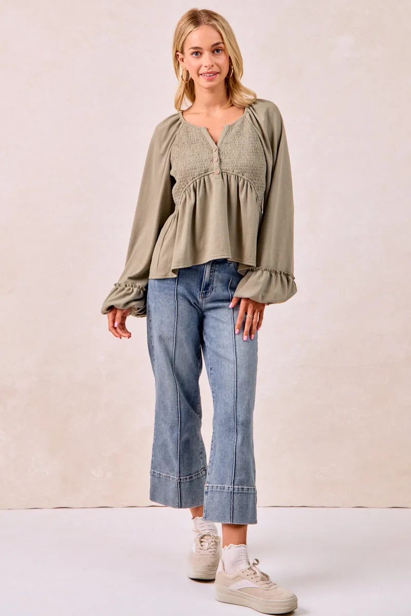 Layer Piece IT4501S-01 | EMBOSSED RIB KNIT TOP WITH SMOKING BALLOON SLEEVES