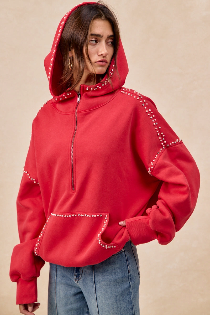Layer Light Elegant evening wear IP8347S-60 | BRUSHED TERRY HALF ZIP UP HOODIE TOP WITH JEWELED