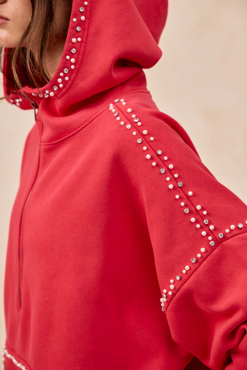 Calm Finish Relaxed Movement IP8347S-60 | BRUSHED TERRY HALF ZIP UP HOODIE TOP WITH JEWELED