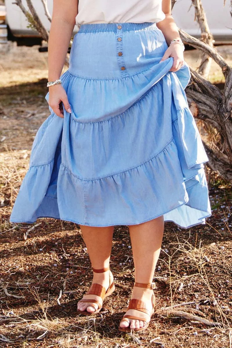 Tiered Button Front Tencel Skirt All-Day Wear