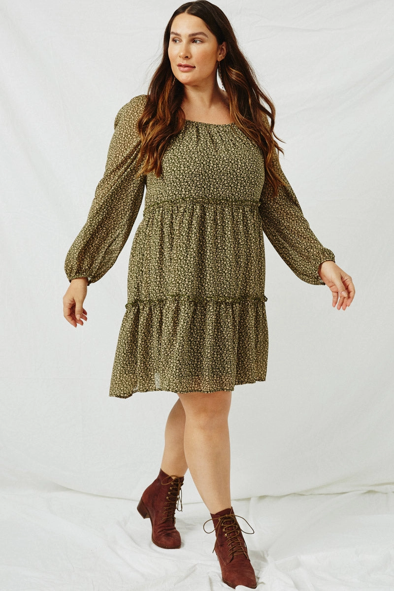Tiered Ditsy Print Long Sleeve Dress Polite Tone