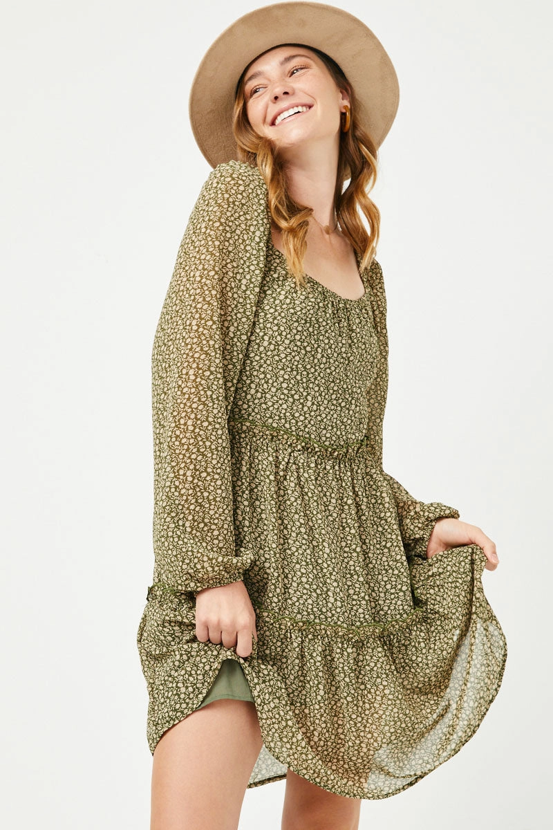 Tiered Ditsy Print Long Sleeve Dress Flowy Cut Chic Simplicity
