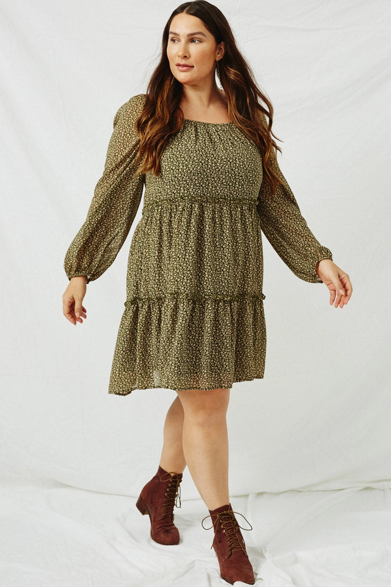 Tiered Ditsy Print Long Sleeve Dress Autumn Essential Dual Tones