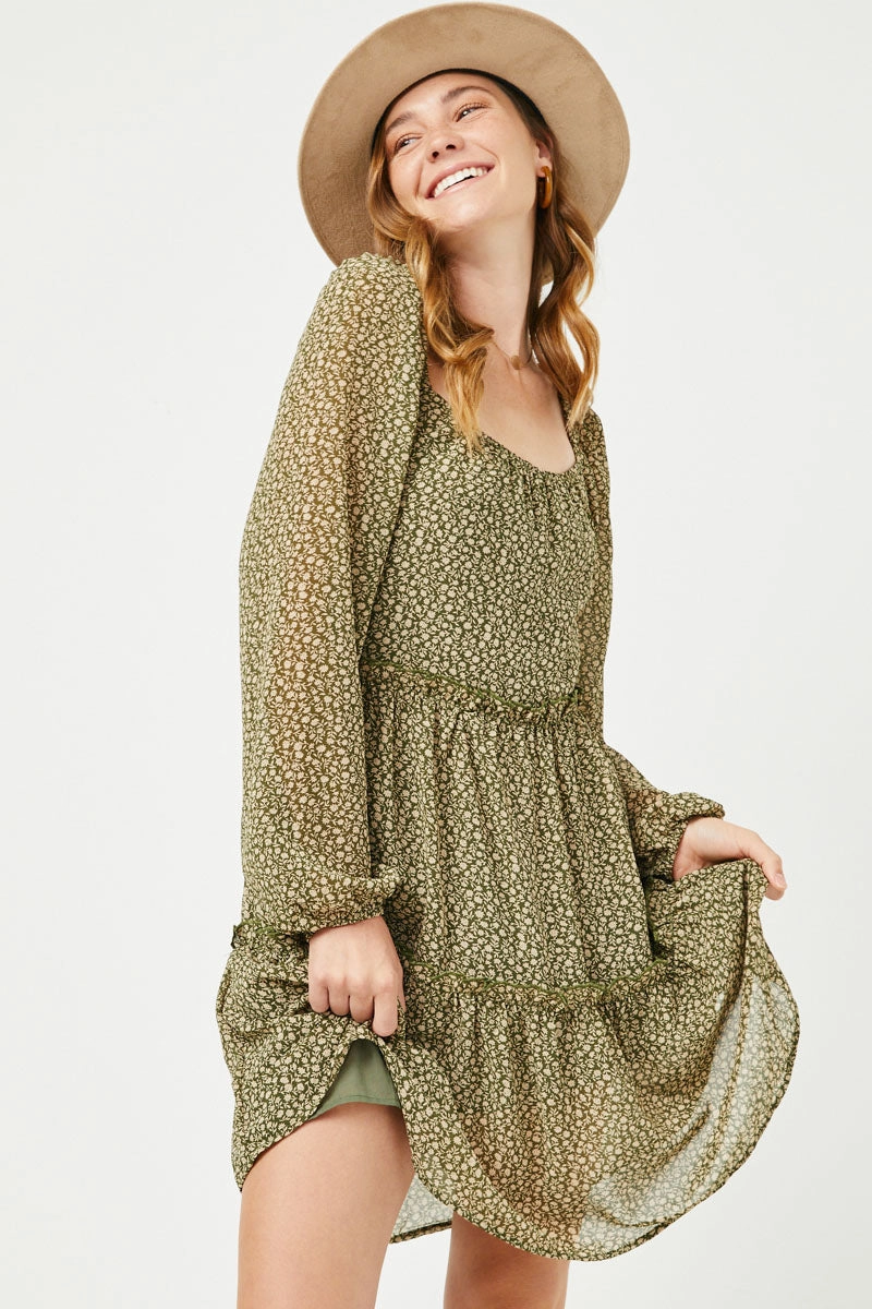 relaxed elegance Light Mood Tiered Ditsy Print Long Sleeve Dress