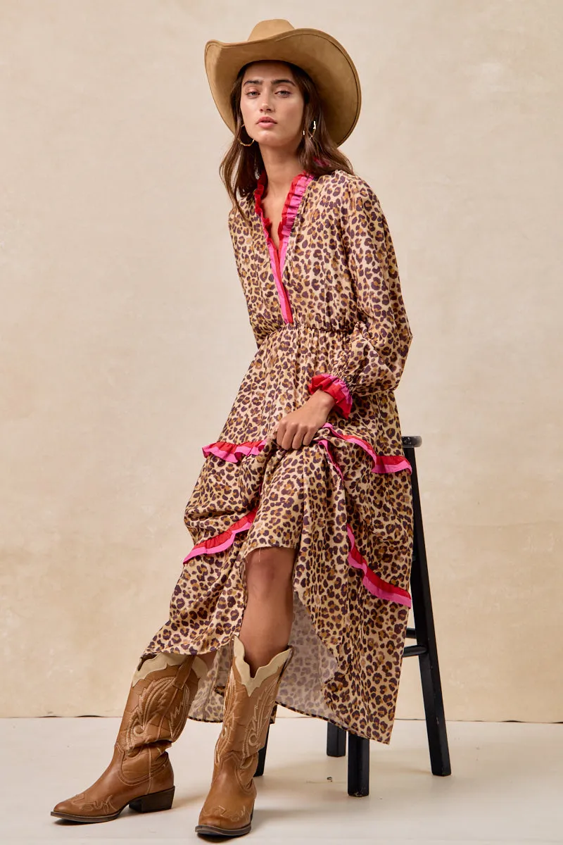 ID2047-01 | LEOPARD PRINTED MIDI DRESS WITH STRIPE EDGED Breathable Layer Day To Day