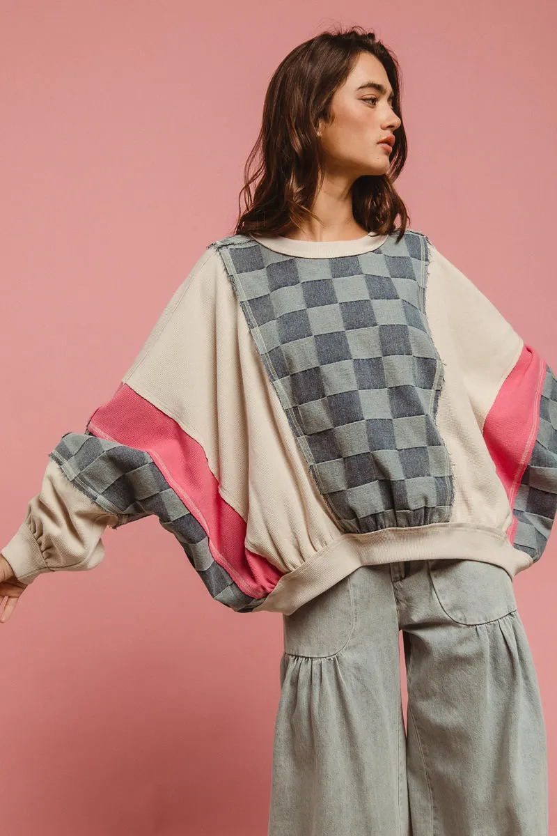 IT1842R-13P | WASHED DENIM AND KNIT MIX N MATCH TOP Sophisticated Look