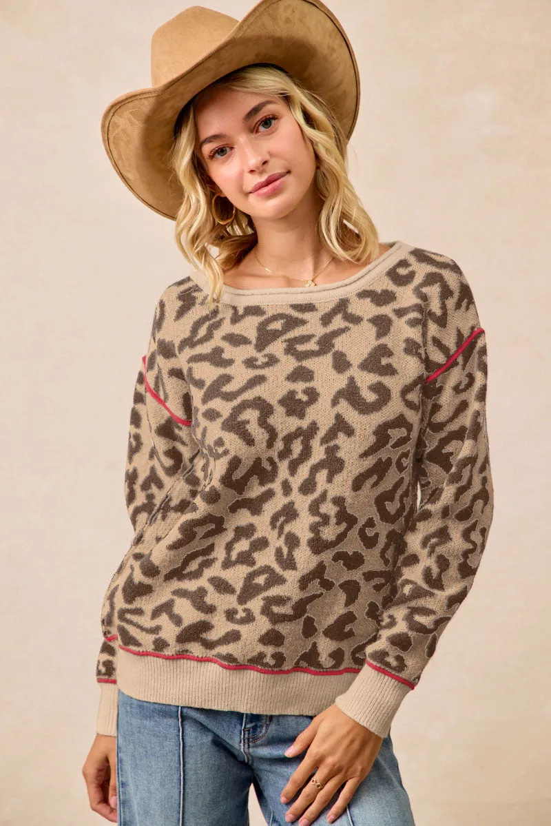 All-Season Wear IT4686S-02 | LEOPARD PRINTED KNIT TOP WITH CONTRAST BINDING