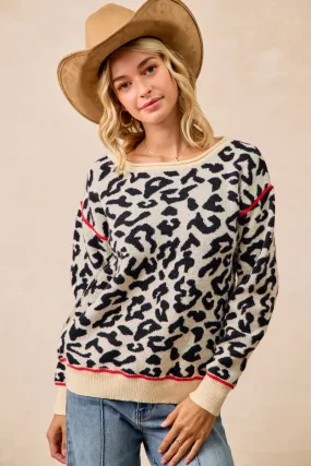 Soft Fabric IT4686S-02 | LEOPARD PRINTED KNIT TOP WITH CONTRAST BINDING