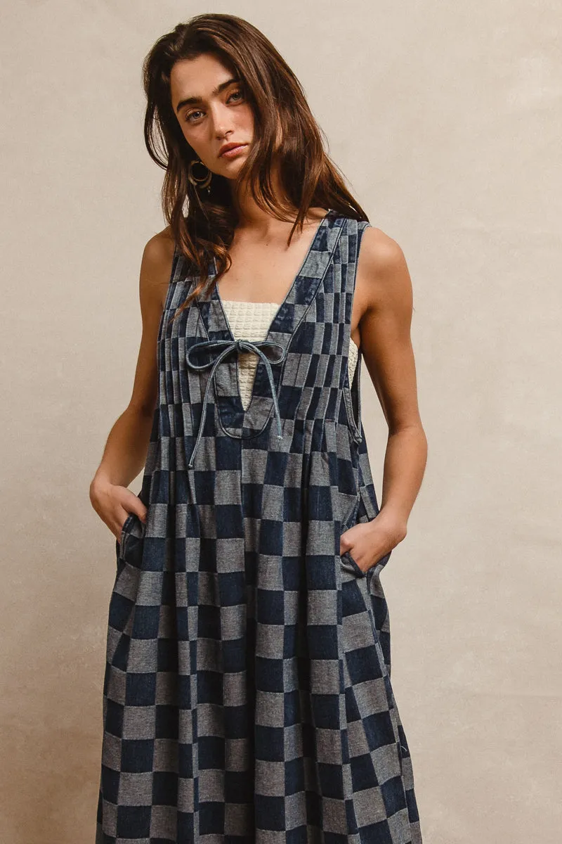 Fast Move Everyday Comfort IB1578R-02 | MINERAL WASHED GINGHAM DENIM JUMPSUIT WITH FRONT TIE