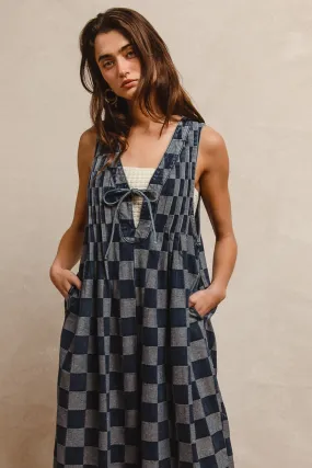 Fast Move Everyday Comfort IB1578R-02 | MINERAL WASHED GINGHAM DENIM JUMPSUIT WITH FRONT TIE