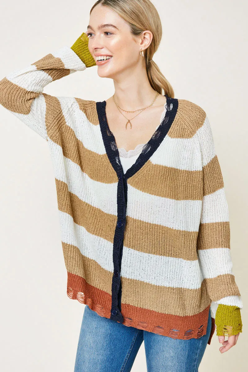 All Day Comfort Outdoor Ready Distressed Stripe Knit Cardigan Sweater
