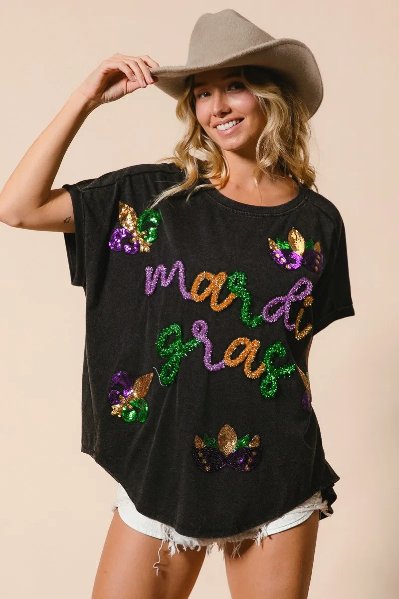 IP8188G-17 | MARDI GRAS LETTERING AND SEQUIN PATCHES WASHED TOP Soft Texture Long Sleeve