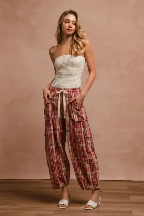 Weekend Wear IB1573R-01P | PLAID LINEN BALOON PANTS WITH DRAWSTRING TIE