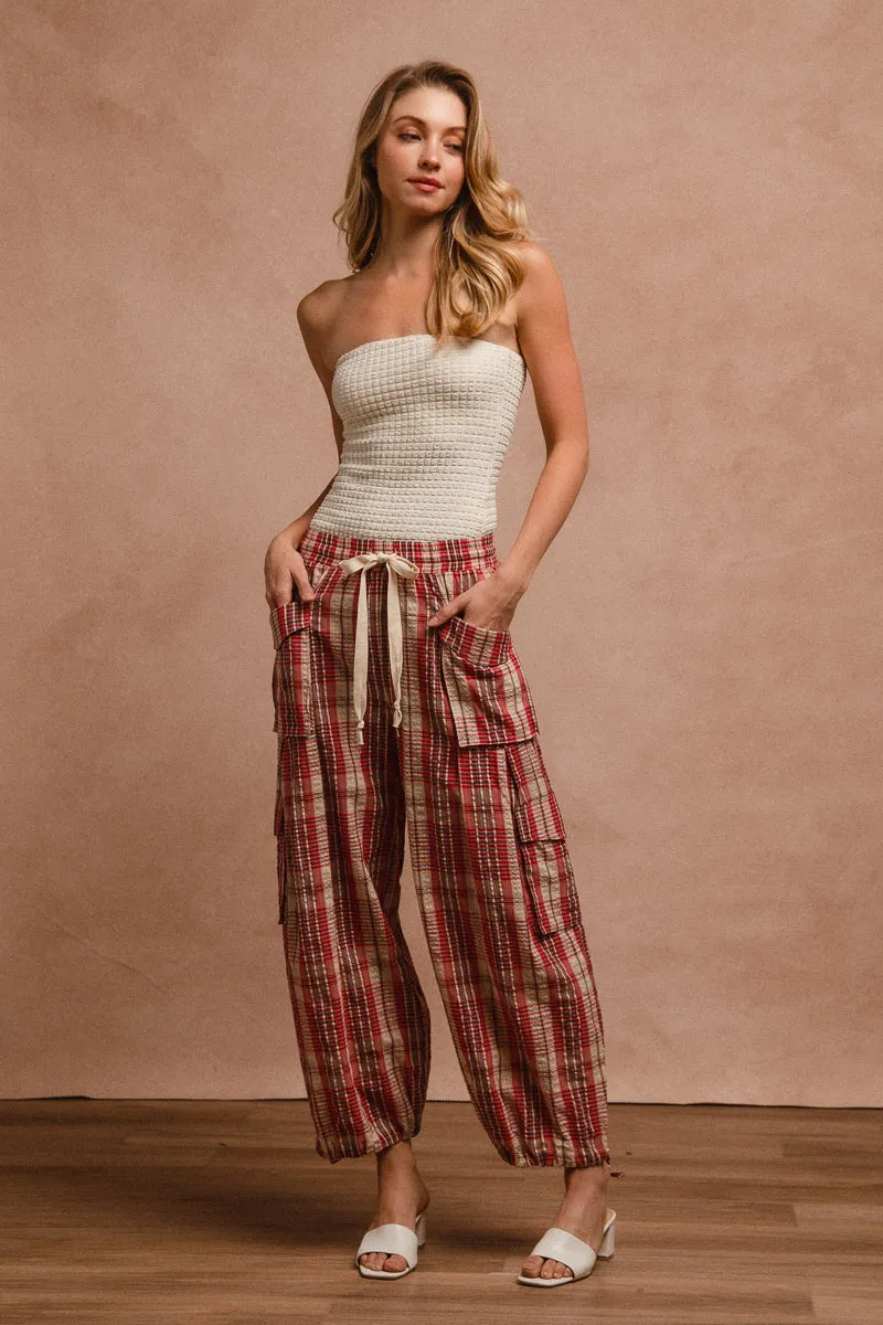 IB1573R-01P | PLAID LINEN BALOON PANTS WITH DRAWSTRING TIE Casual chic
