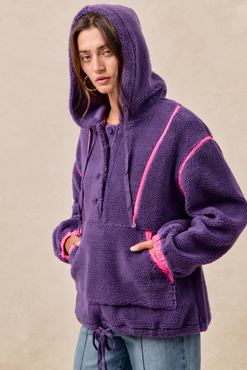 Roomy Fit IT4624S-04 | SHERPA BUTTONED HOODIE TOP WITH CONTRAST BINDING