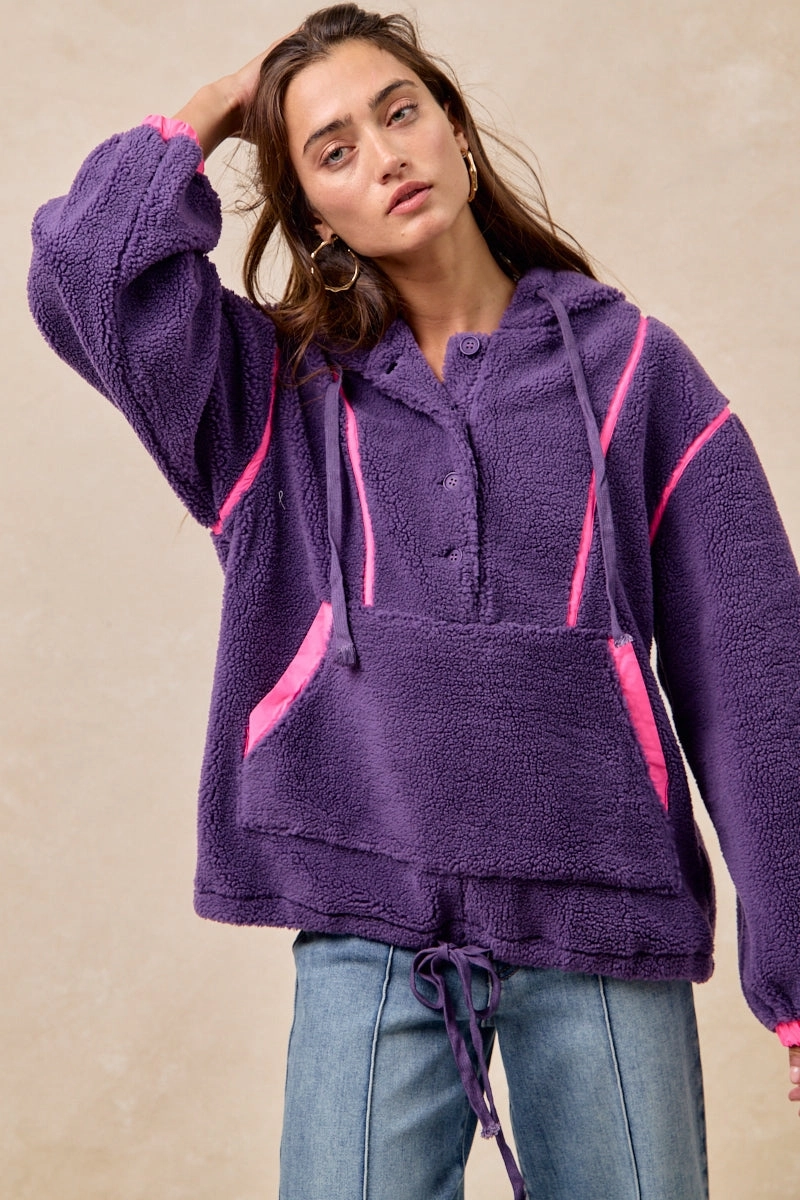 IT4624S-04 | SHERPA BUTTONED HOODIE TOP WITH CONTRAST BINDING Cozy Stretch Effortless Style