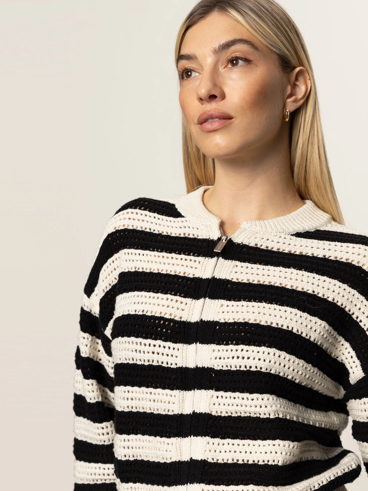 Timeless Design Open Knit Bomber Jacket Macrame Black Stripe