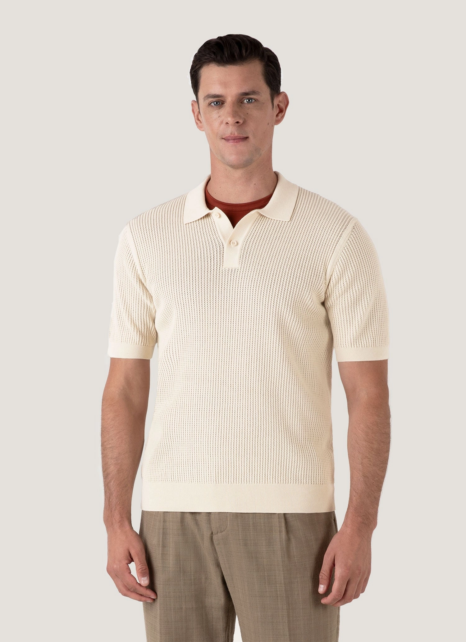 Timeless Mood Men's Linear Mesh Knit Polo Shirt in Ecru