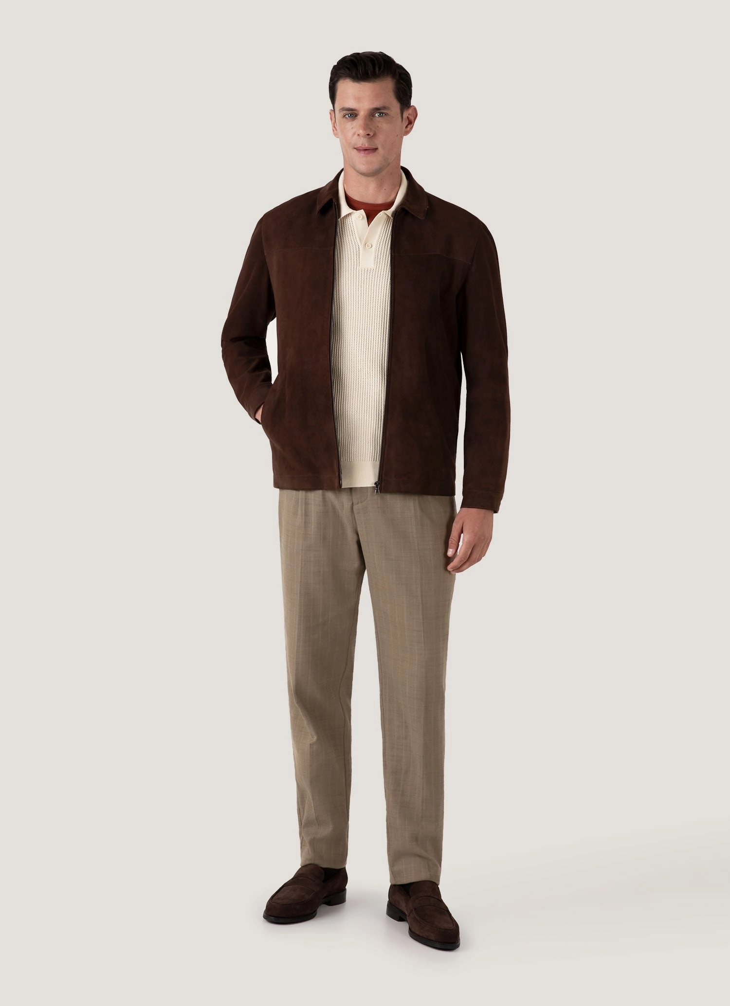 Timeless Mood Men's Linear Mesh Knit Polo Shirt in Ecru