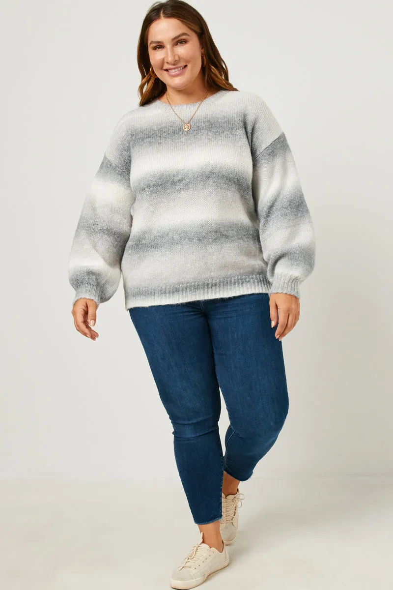 Engineered Stripe Puff Sleeve Pullover Sweater Thick Insulation