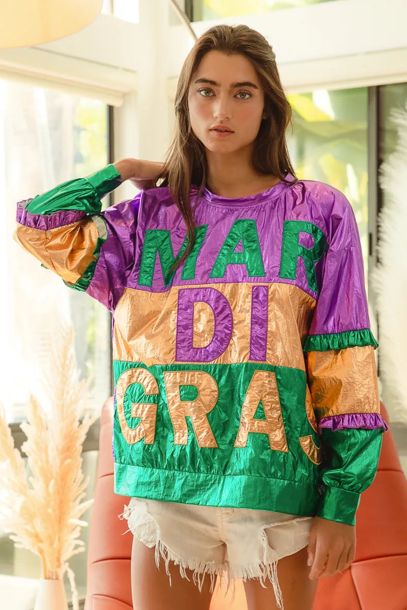 IT1508G-58 | FOIL COLOR BLOCK MARDI GRAS LETTERING TOP Simple Outer Weekend Style
