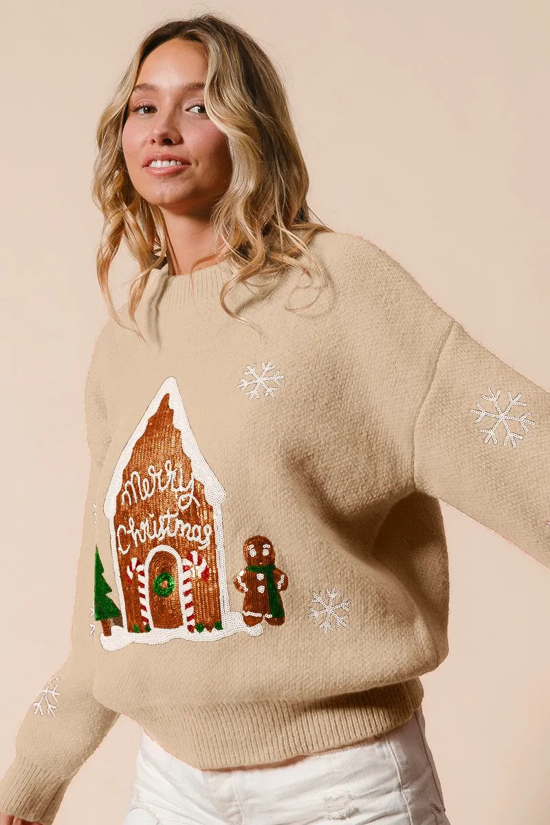 IP5685G-69 | SEQUIN CHRISTMAS GINGERBREAD SNOWFLAKES SWEATER Good Material