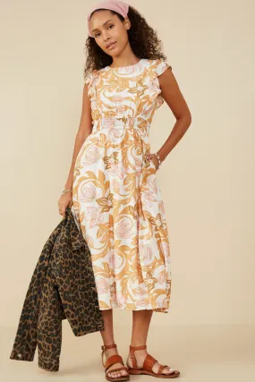 Floral Print Ruffled Sleeveless Dress Office Casual Bold Elegance