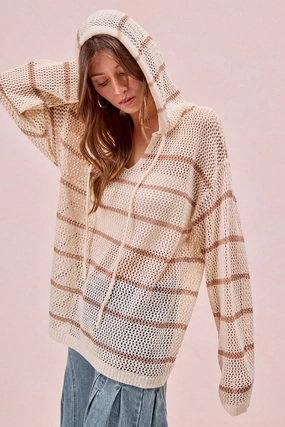 Layer Friendly Shape IT4424-01P | RELAXED FIT STRIPE CROCHET KNIT HOODIE TOP
