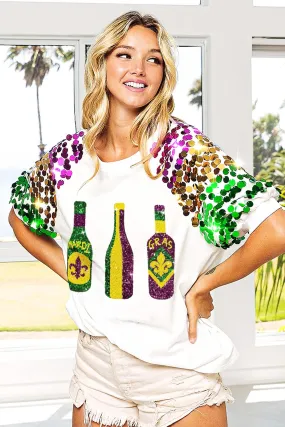 Wrinkle-Resistant IP6874-16 | SEQUIN MARDI GRAS BOTTLES SPANGLED SLEEVE TOP