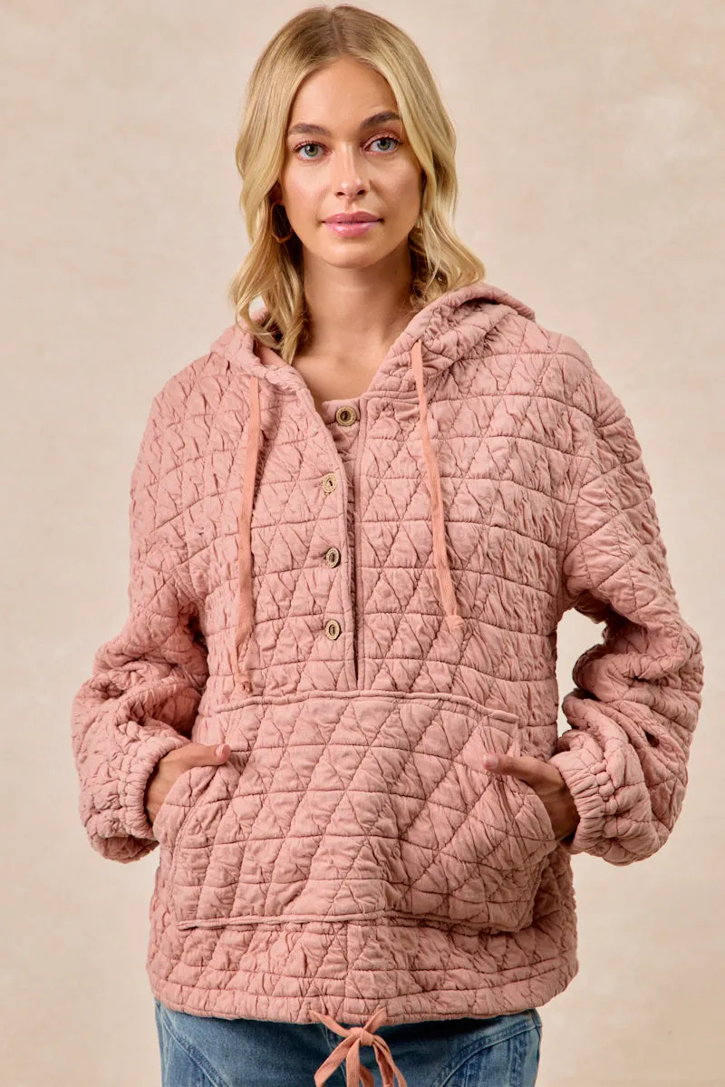 Classic Fit Relax Fit IT4624S-03 | QUILITING KNIT BUTTONED HOODIE TOP WITH POCKET