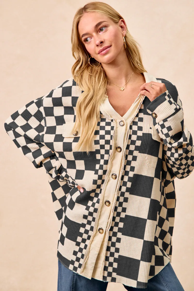 Travel Ready IP8315G-05 | CHECKER PRINT WAFFLE THERMAL SHACKET WITH POCKETS