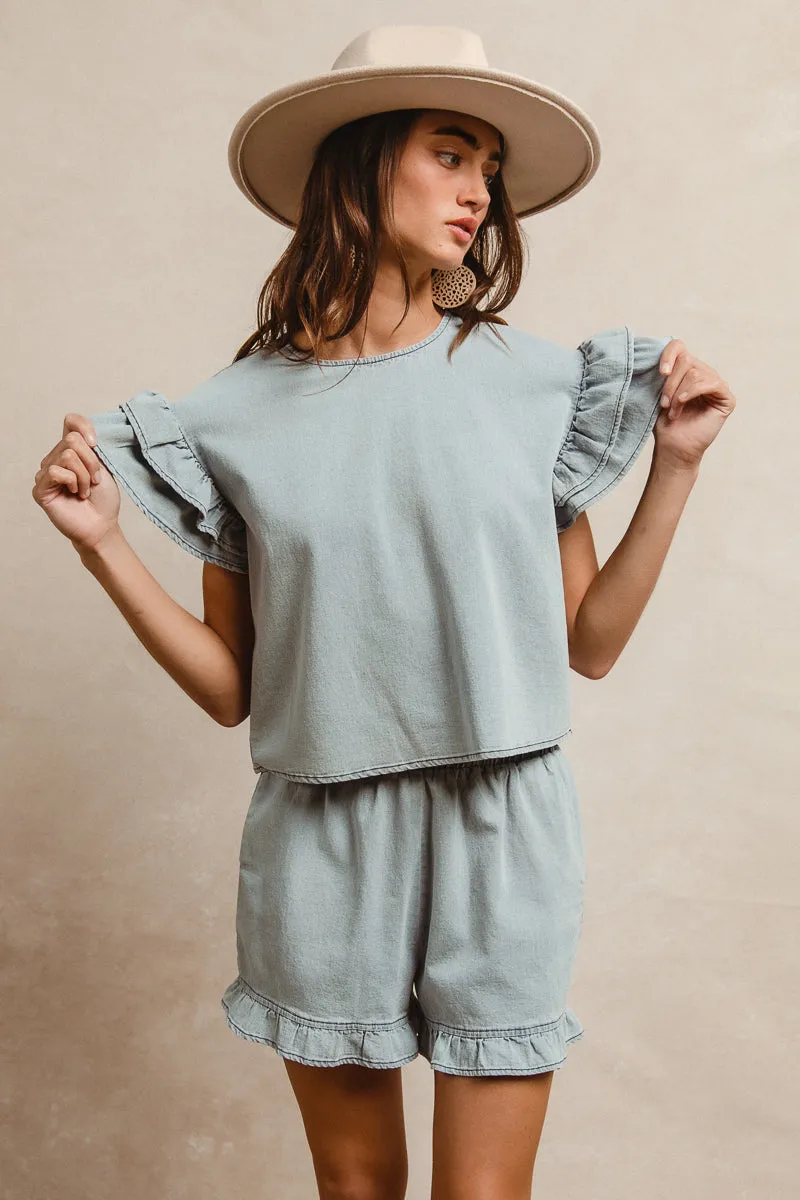 Feminine Fit IB1696-01 | LT DENIM SOLID WITH TIERED RUFFLE DETAILS SHORT SLEEVES TOP AND ELASTIC WAIST SHORTS SET