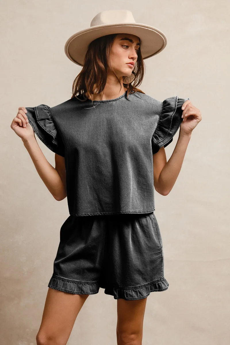 IB1696-01 | LT DENIM SOLID WITH TIERED RUFFLE DETAILS SHORT SLEEVES TOP AND ELASTIC WAIST SHORTS SET Neutral Tone Weekend Style