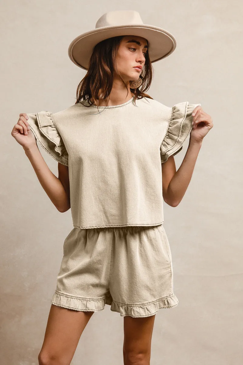 Cozy Stretch Stylish Comfort IB1696-01 | LT DENIM SOLID WITH TIERED RUFFLE DETAILS SHORT SLEEVES TOP AND ELASTIC WAIST SHORTS SET