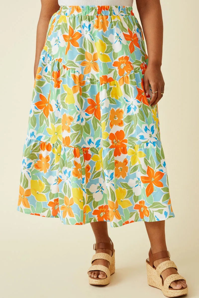 Easy Match Vivid Floral Elastic Waist Tiered Skirt