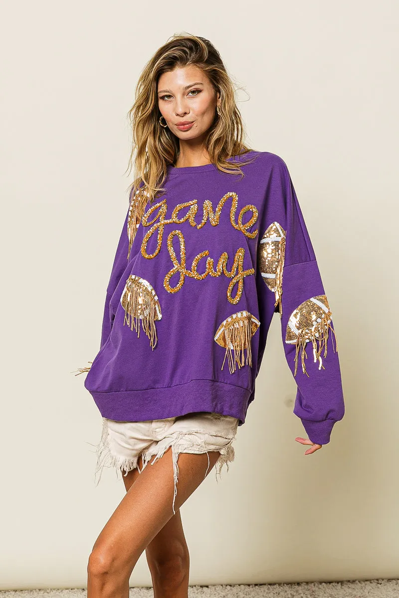 Durable Fabric IP8321G-04 | SEQUIN FRINGED FOOTBALL PATCH GAME DAY SWEATSHIRT