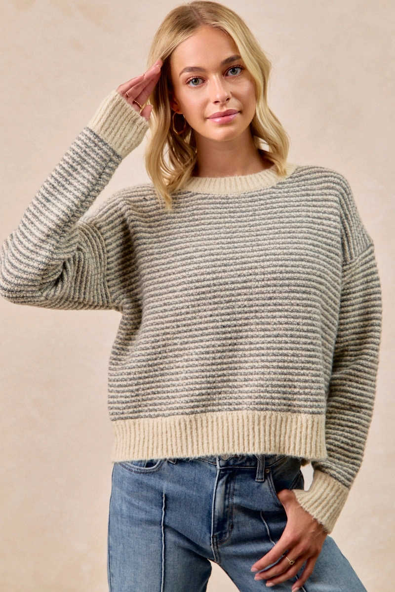 IT4716-01 | TWO TONE STRIPED SWEATER TOP Stay Fresh Easy Wear